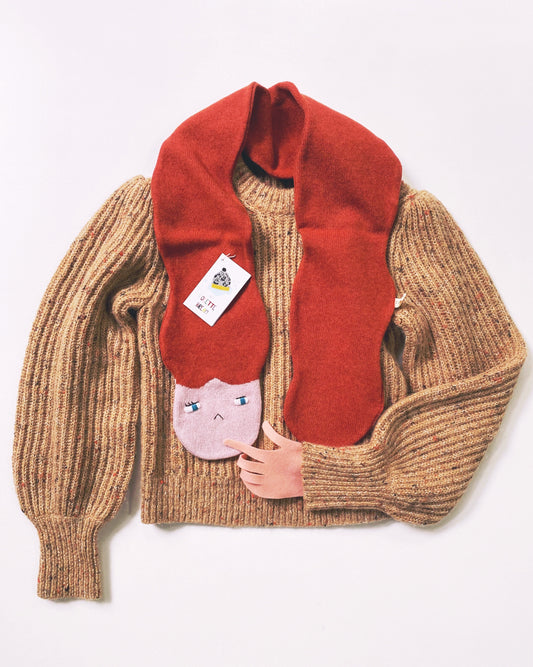 Brown knitted sweater with a red scarf and cartoon character tag on a white background