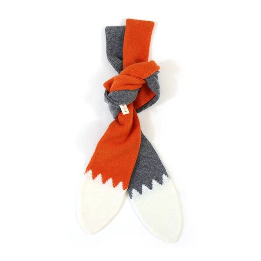 Colorful knitted lambswool scarves, one shaped like a wolf tail and the other shaped like a fox tail, knotted together on a white background