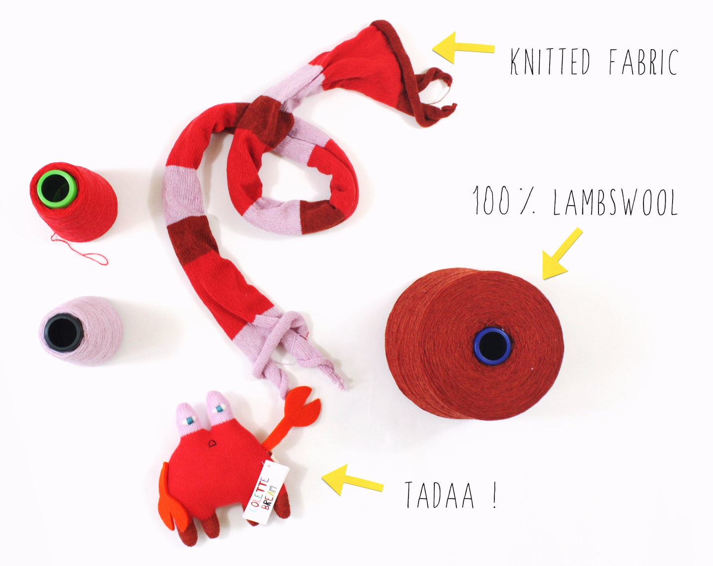 Knitted fabric with red and pink colors, a plush crab toy, and yarn on a white background.