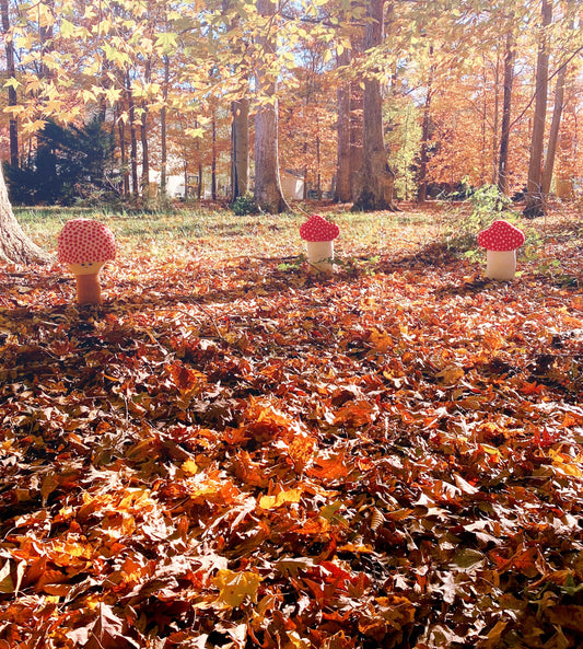 Three red mushroom-shaped pillows on a forest floor with autumn leaves and trees in the background.