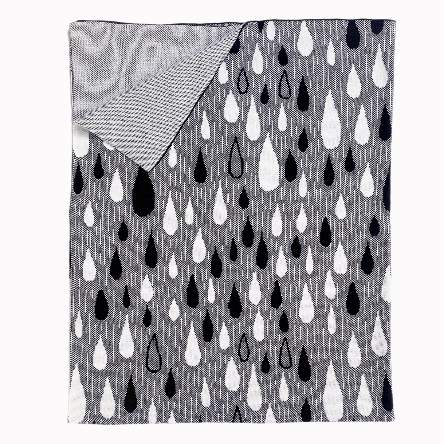 Grey knit blanket with black and white raindrop pattern