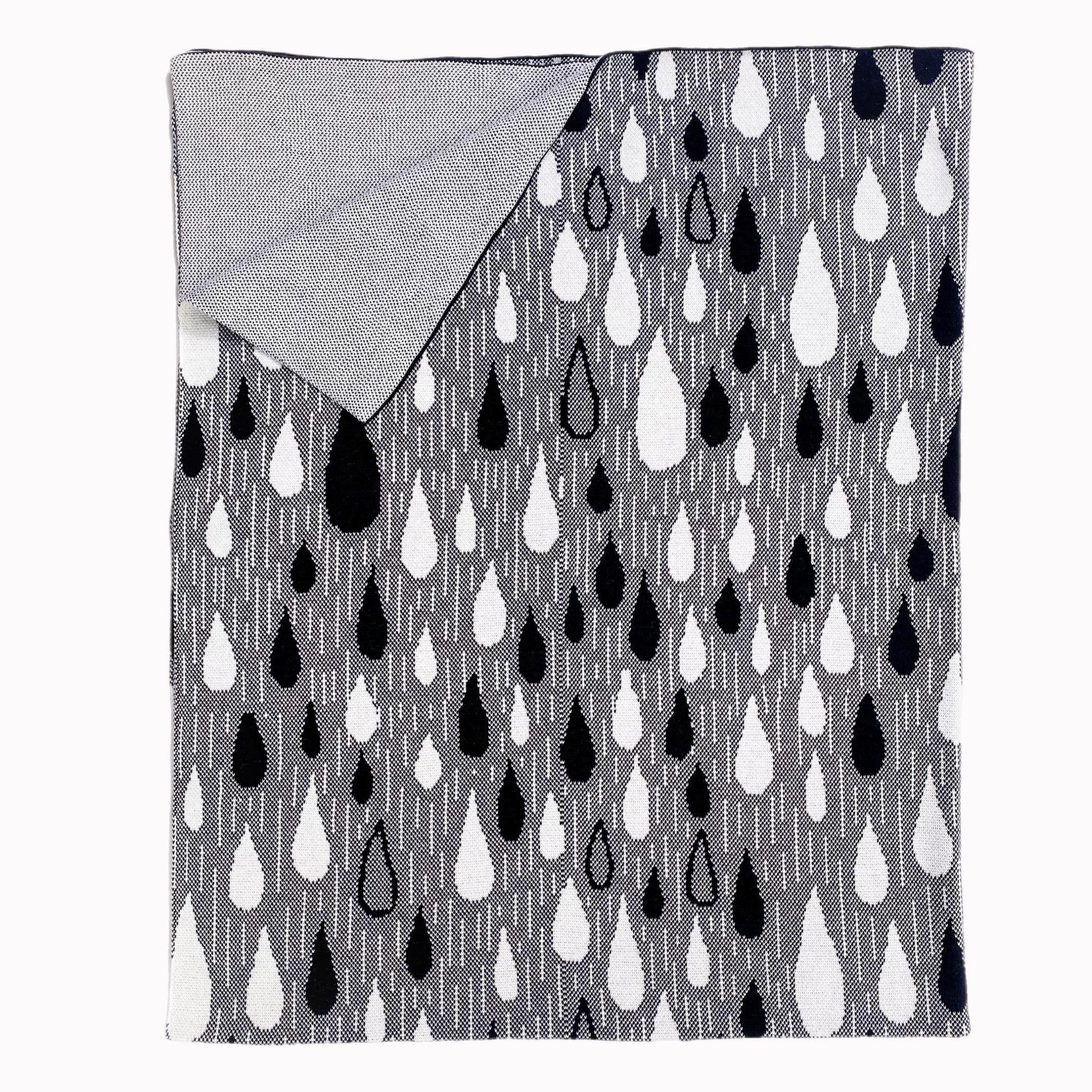 Grey knit blanket with black and white raindrop pattern