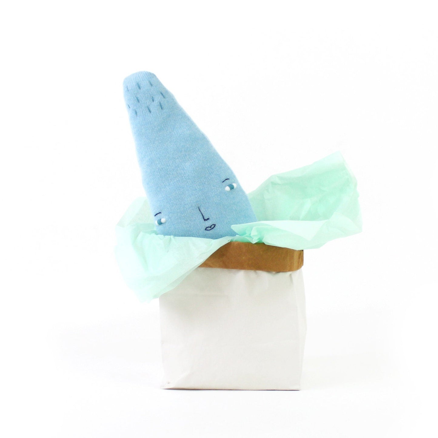 Knitted raindrop in boots plush  toy with a white background