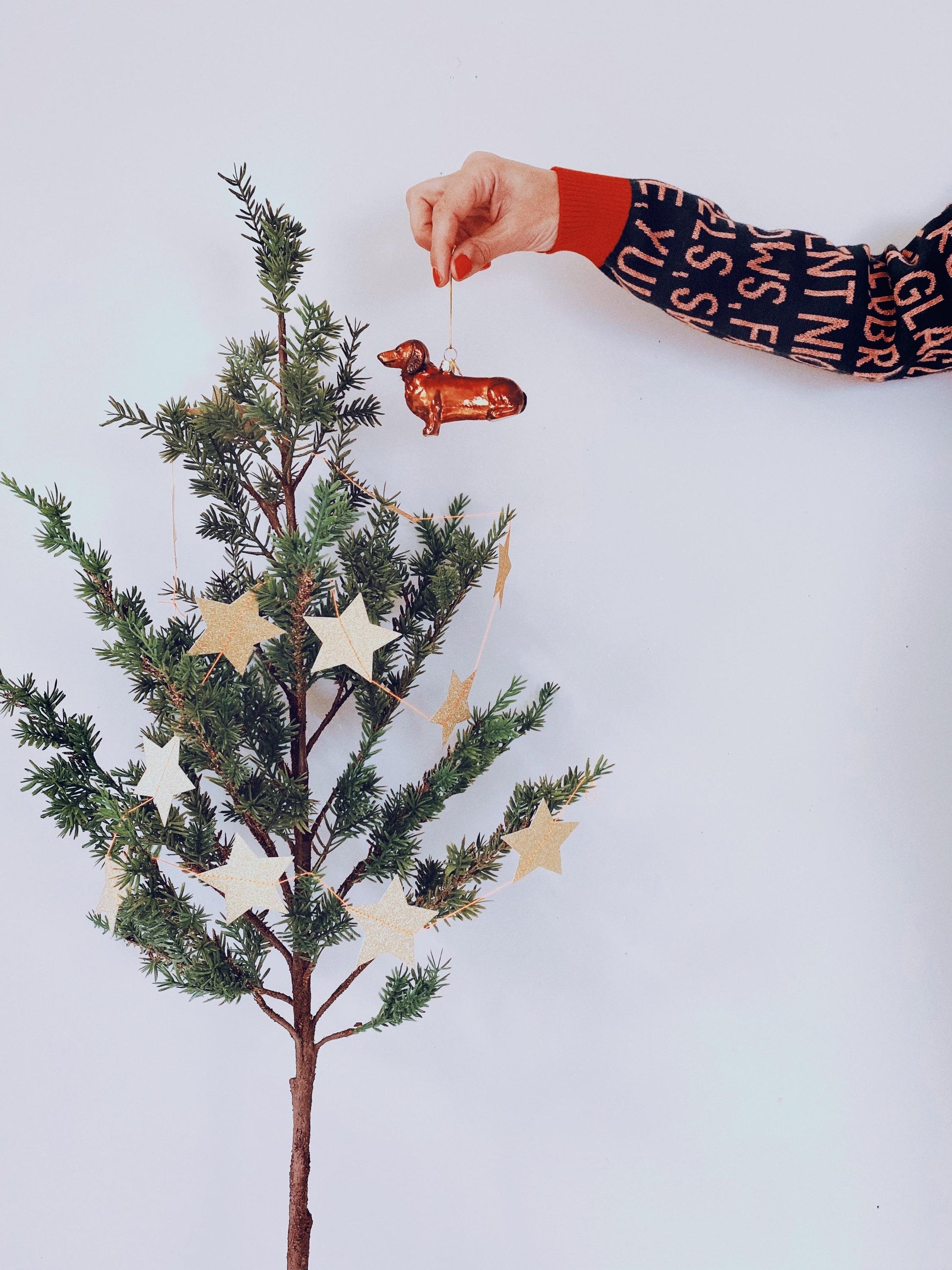 Person decorating a small Christmas tree with star-shaped garland on a light blue background
