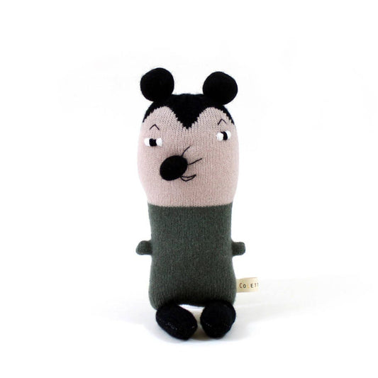 Knitted toy mouse with black ears and pink face on a white background