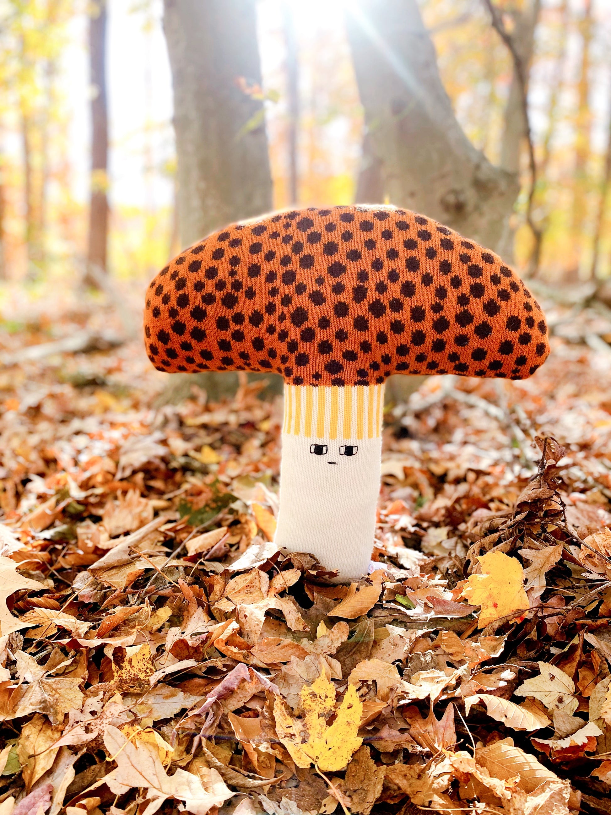 Knitted mushroom cushion with a polka dot cap in an autumn forest