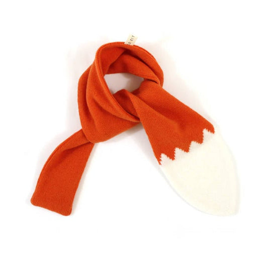 Orange scarf resembling a fox tail with white tip on a white background