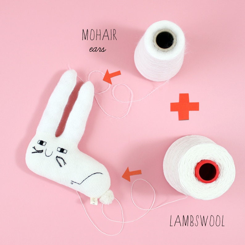 White knitted plush bunny toy with yarn and white spools labeled 'Mohair ears' and 'Lambswool' on a pink background.