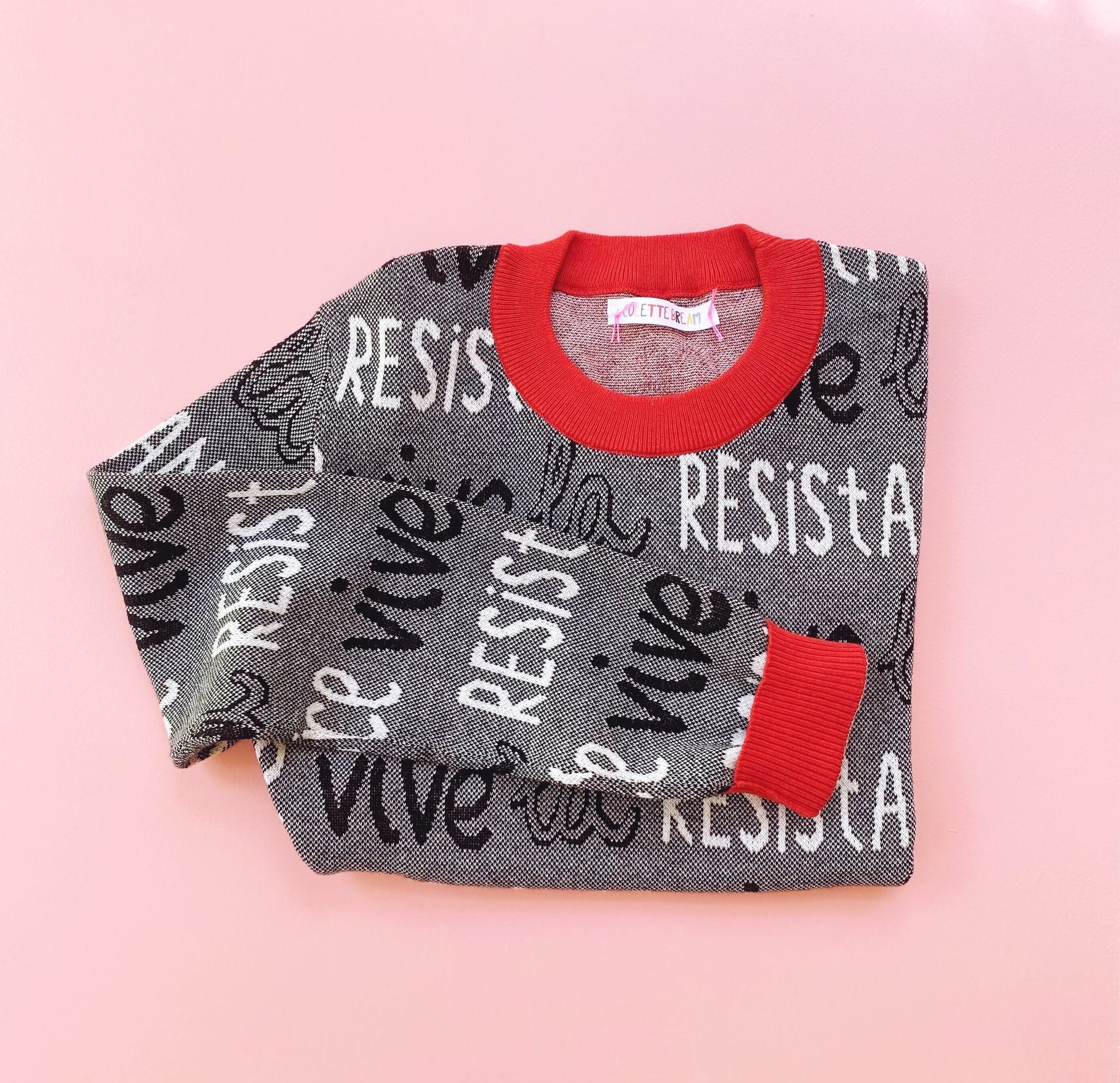 Black and white sweater with red trim and 'Vive la Resistance' text on a pink background