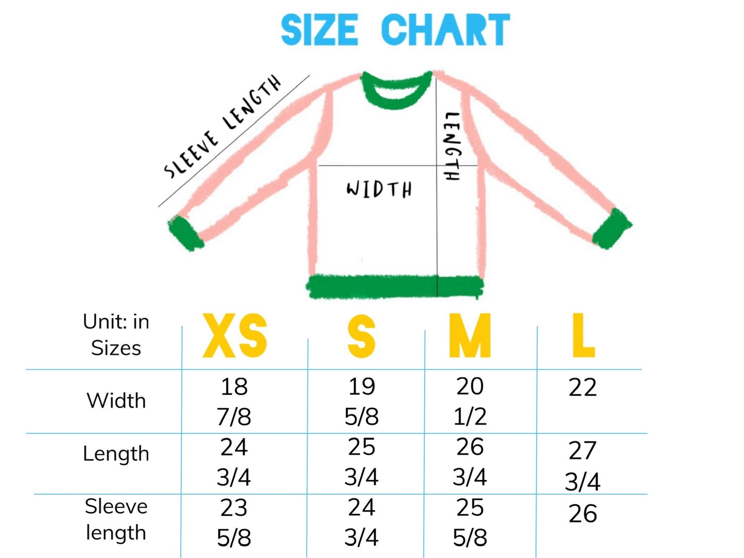 Size chart for a long-sleeve shirt with measurements in nches.