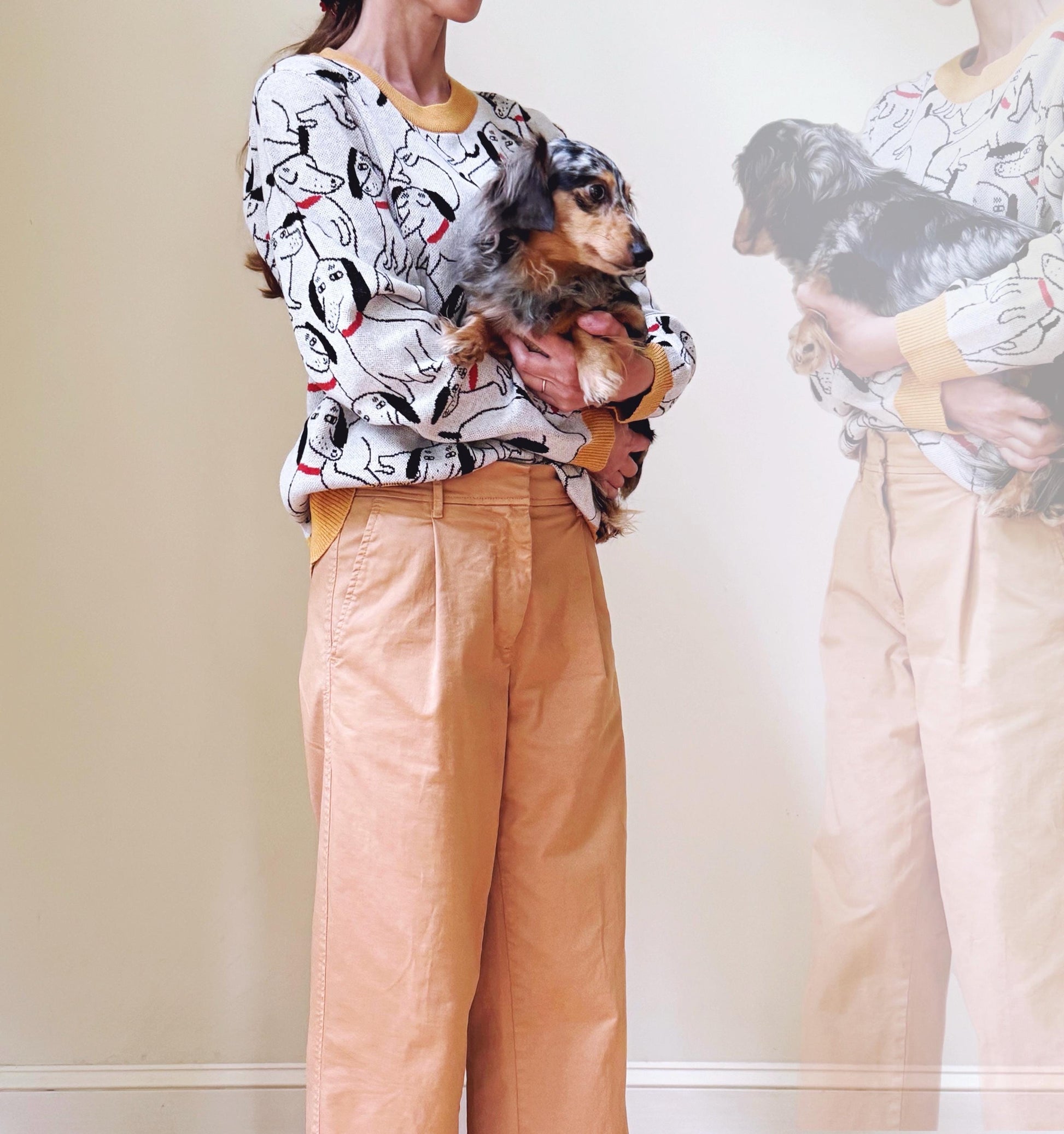 Person wearing a dachshund sweater and tan pants holding a small dog.