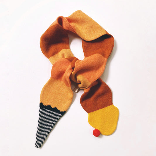 Colorful knitted lambswool scarf with a geometric ice cream pattern on a white background