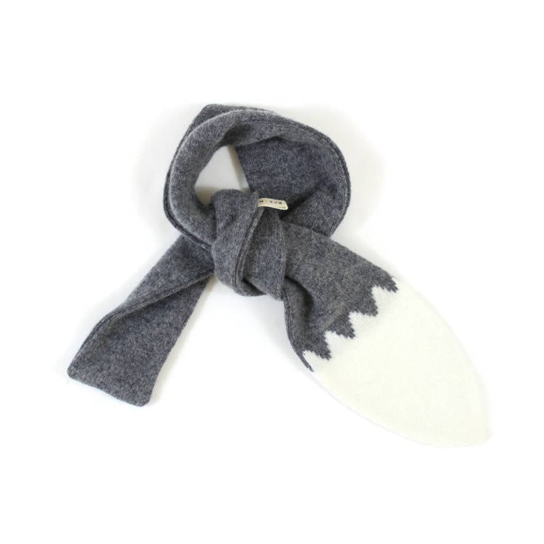 Gray knitted lambswool scarf shaped like a wolf tail with on a white background