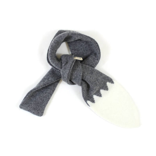 Gray knitted lambswool scarf shaped like a wolf tail with on a white background