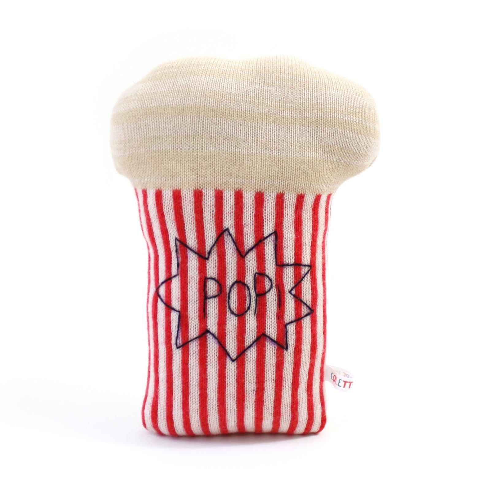 Red and white striped popcorn-shaped pillow with 'POP' design on a white background