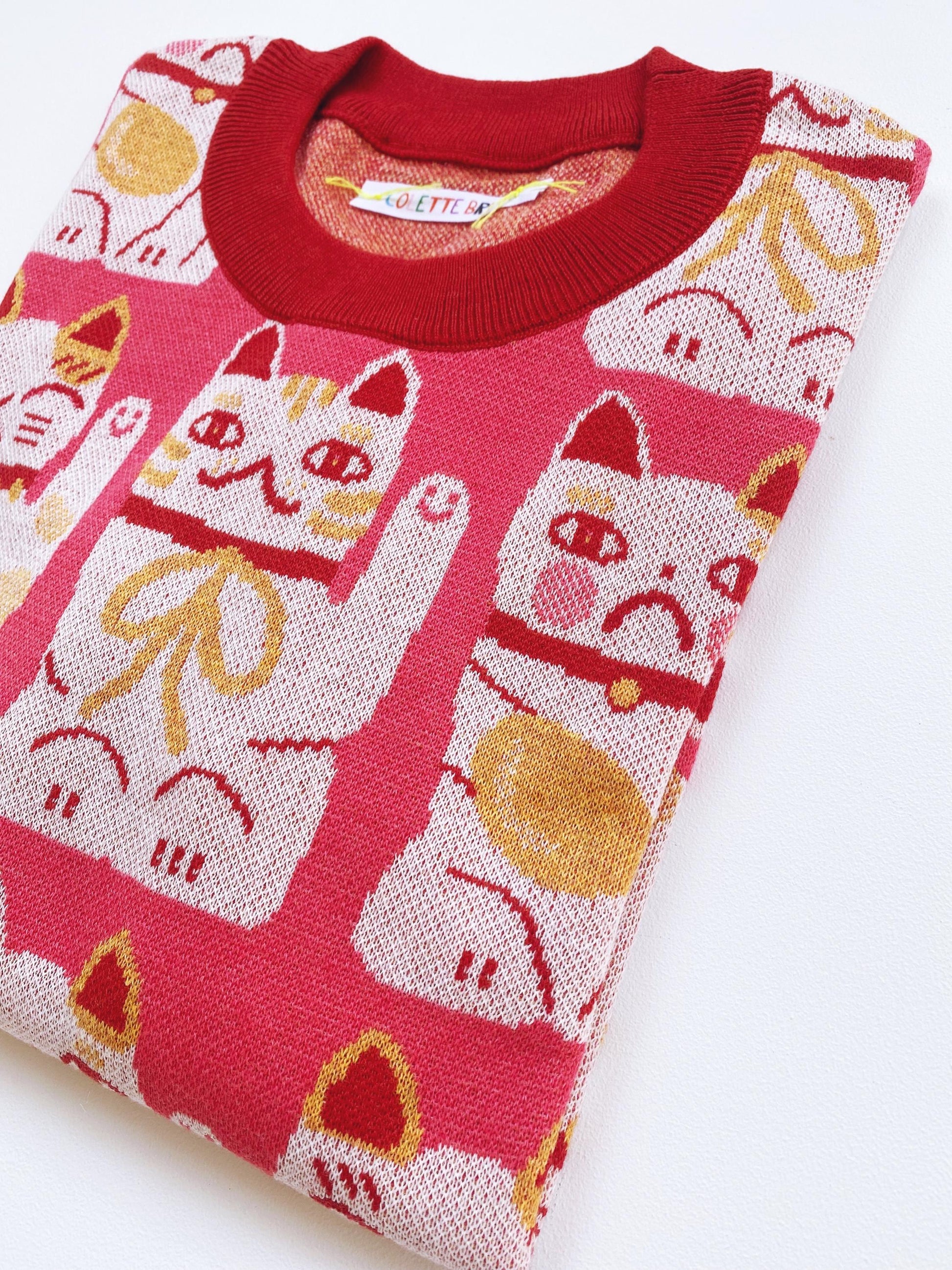 Pink sweater with maneki neko cat pattern on a white background