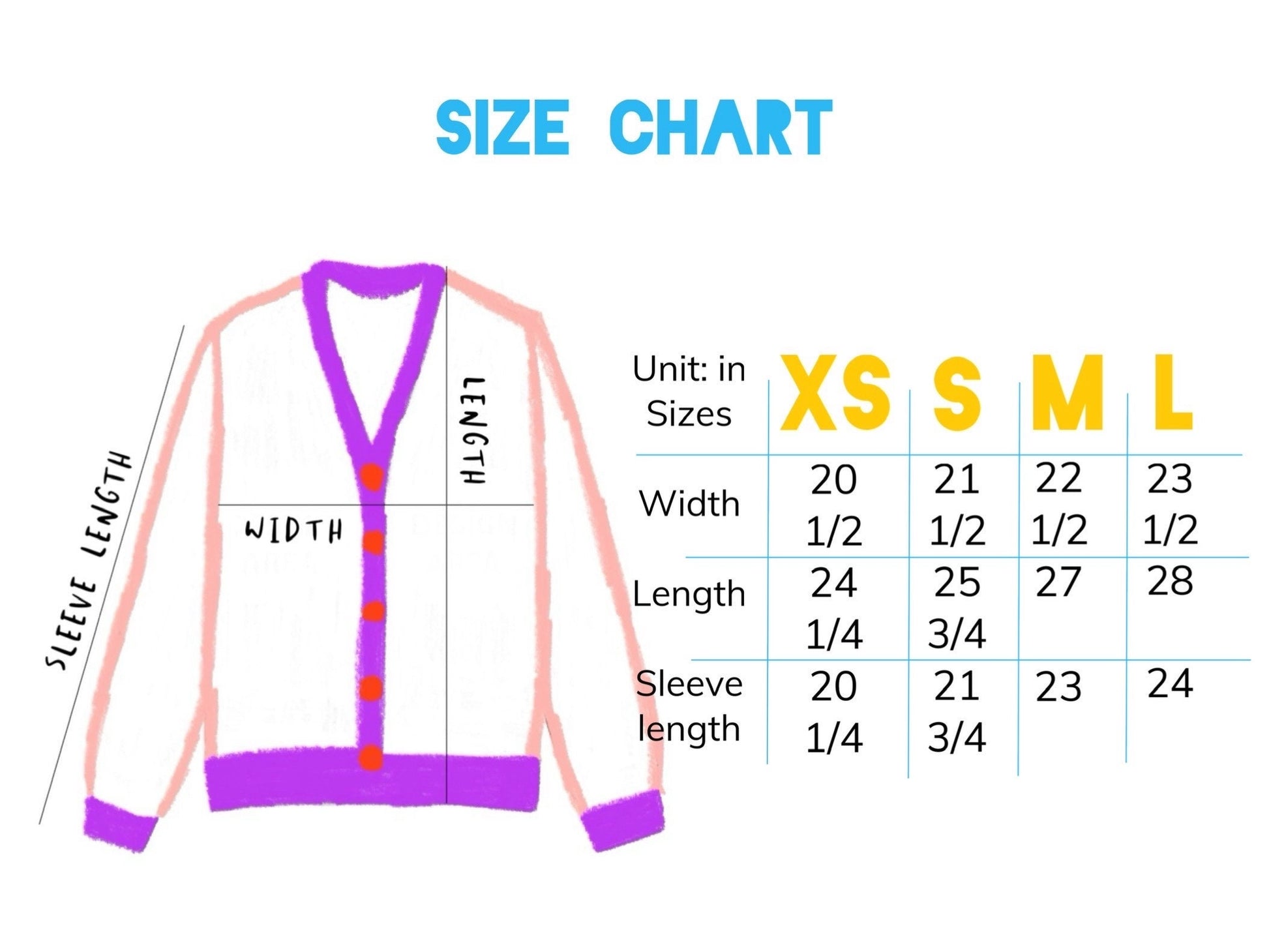 Size chart for a jacket with measurements in inches