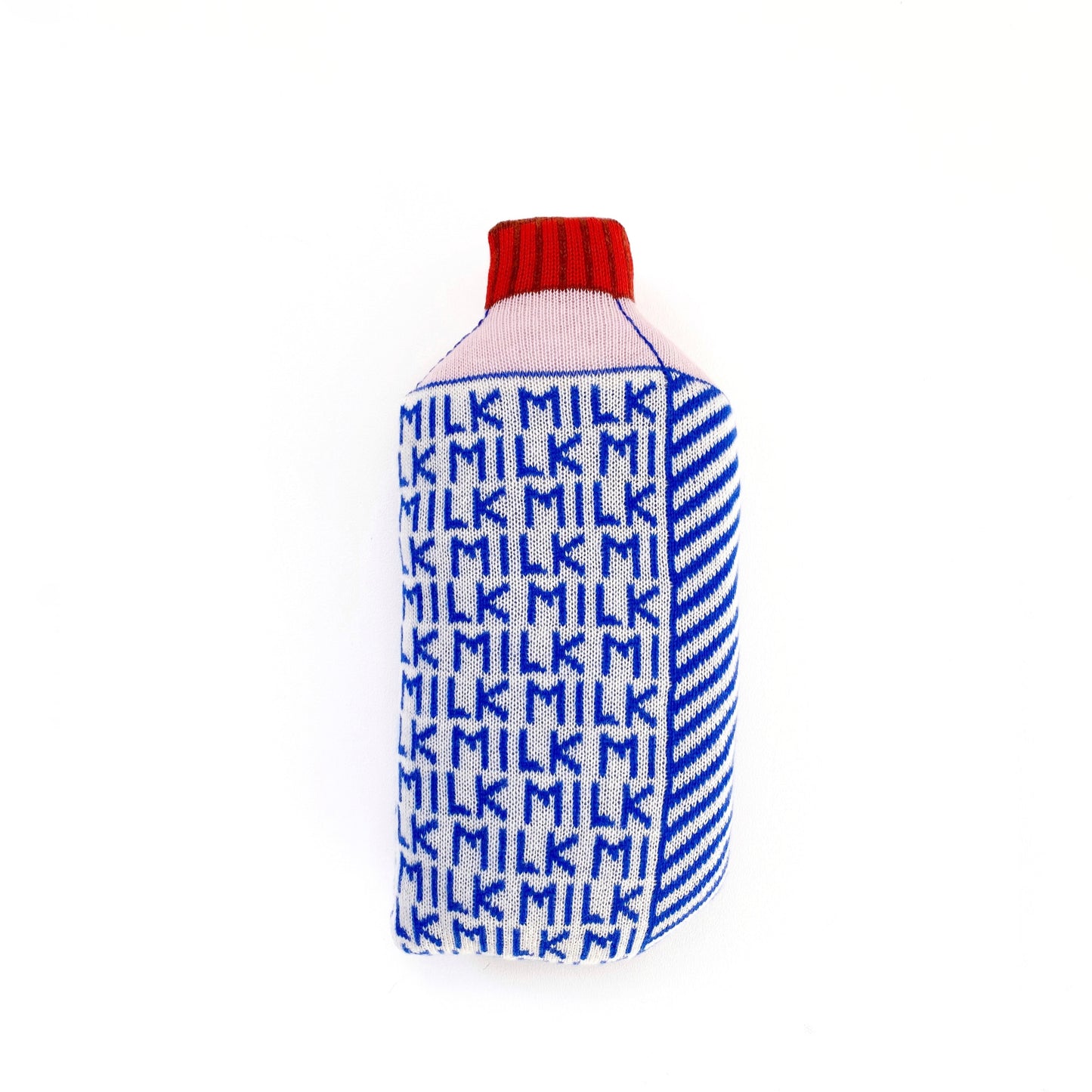 Blue and white patterned bottle cover with 'MILK' text on a white background