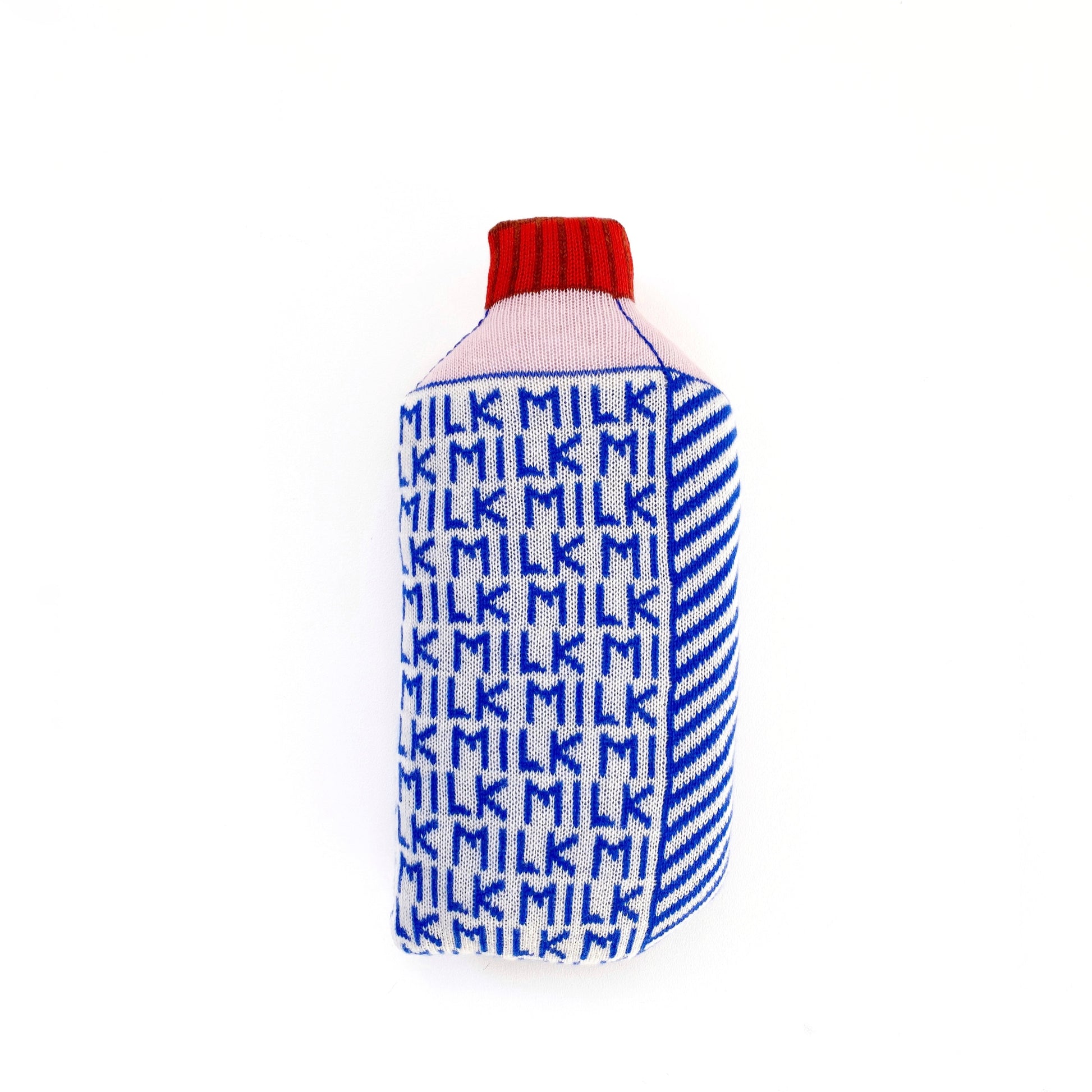 Blue and white patterned bottle cover with 'MILK' text on a white background