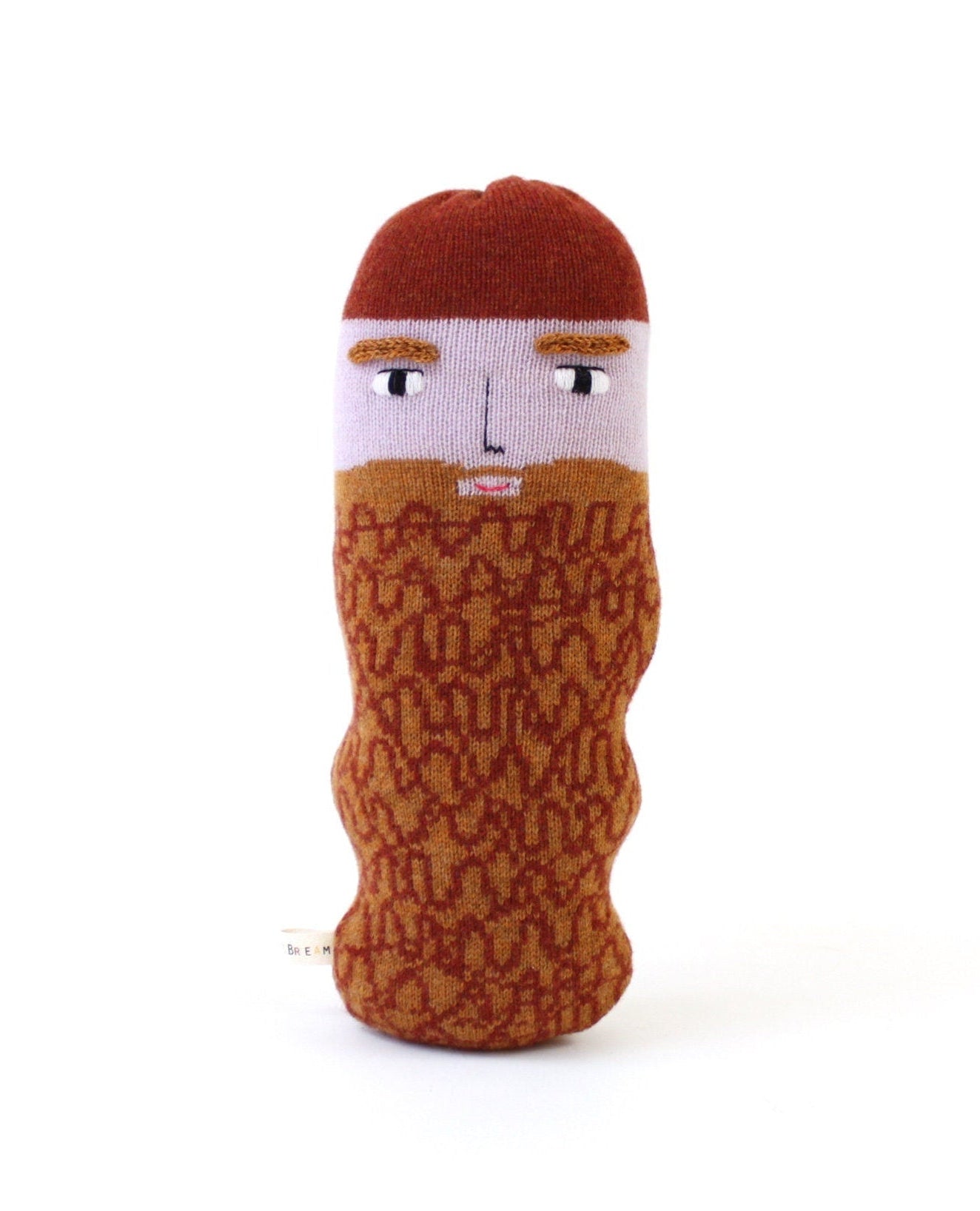 Knitted plush toy with a face and a beard design on a white background