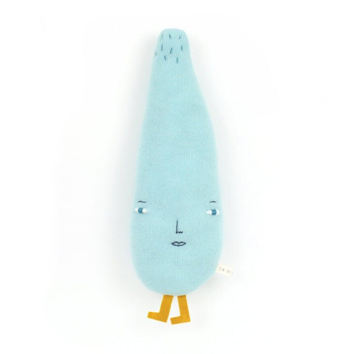 Light blue knitted raindrop plush toy with a face on a white background