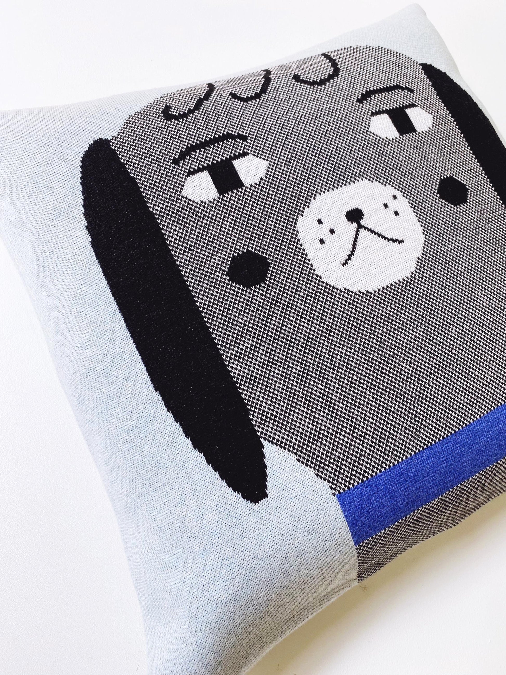 Knitted dog face pillow with a blue border on a white background