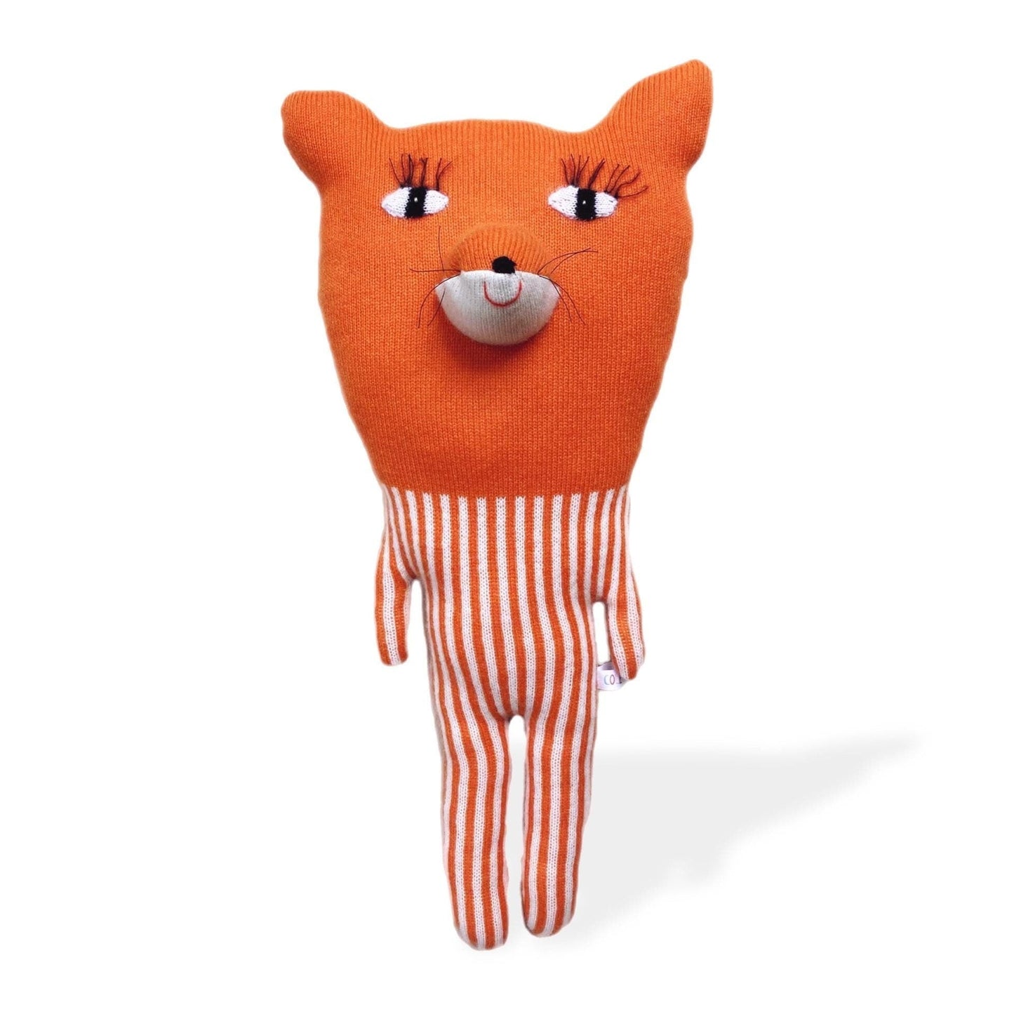 Stuffed toy with an orange fox head and striped body on a white background