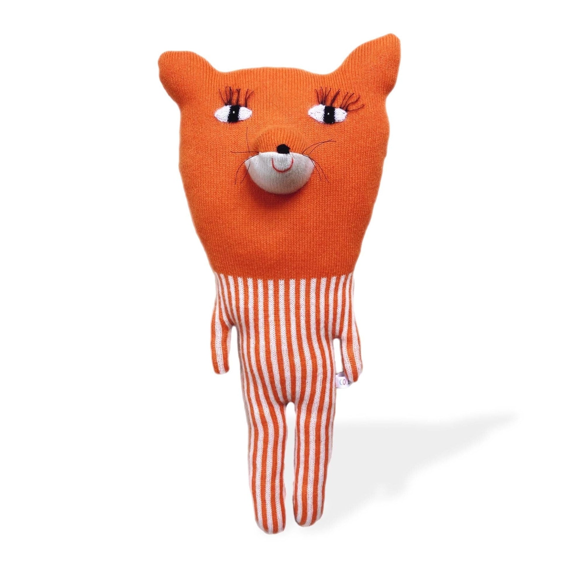 Stuffed toy with an orange fox head and striped body on a white background