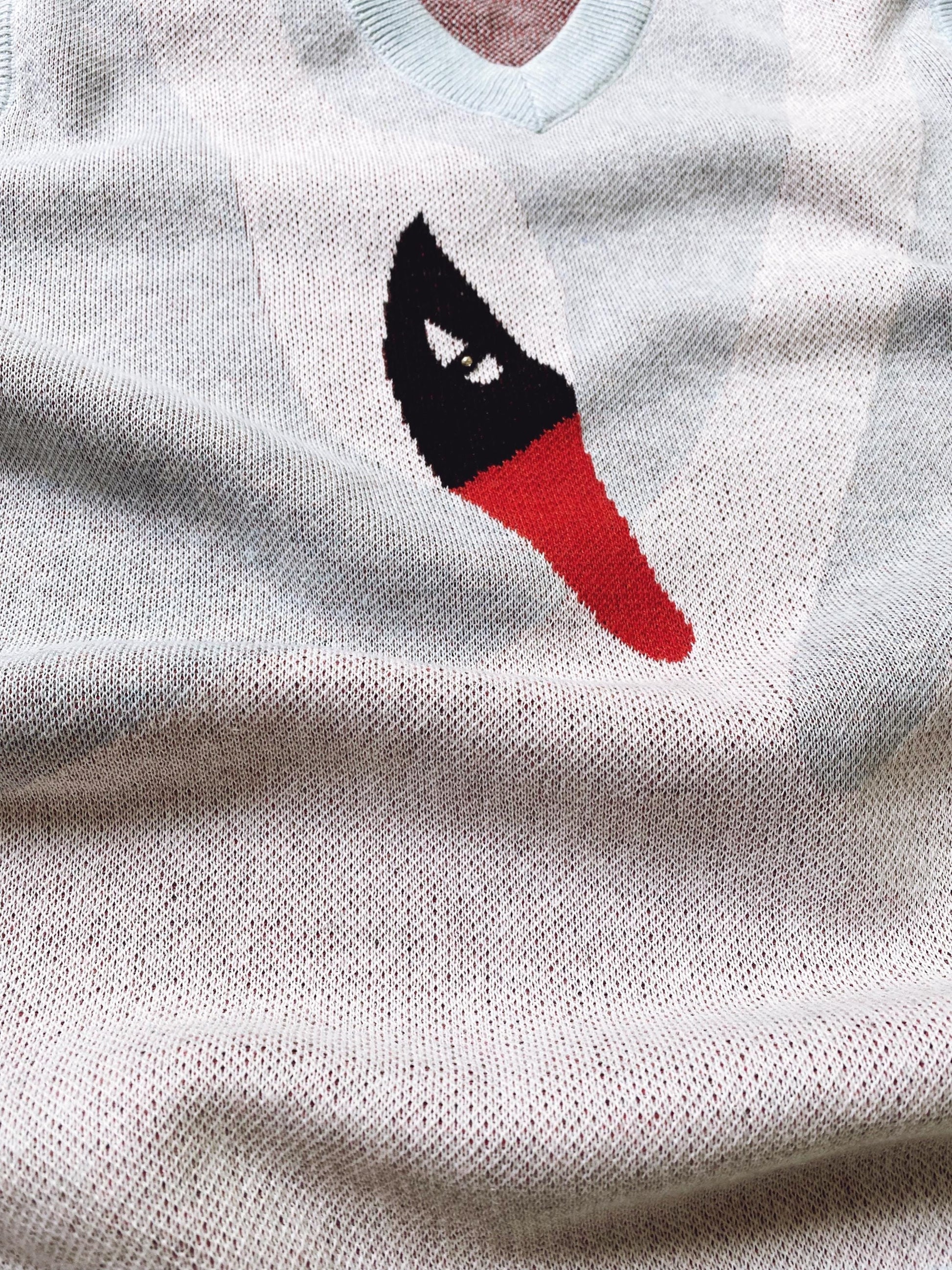 Close-up of a light blue sweater with a white swan design on the chest.