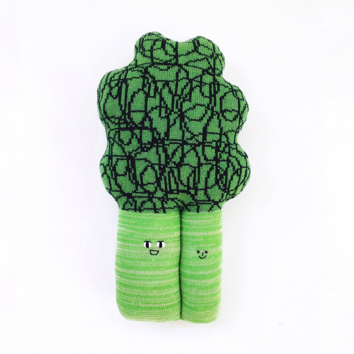 Soft knit lambswool green plush toy shaped like a broccoli on a white background