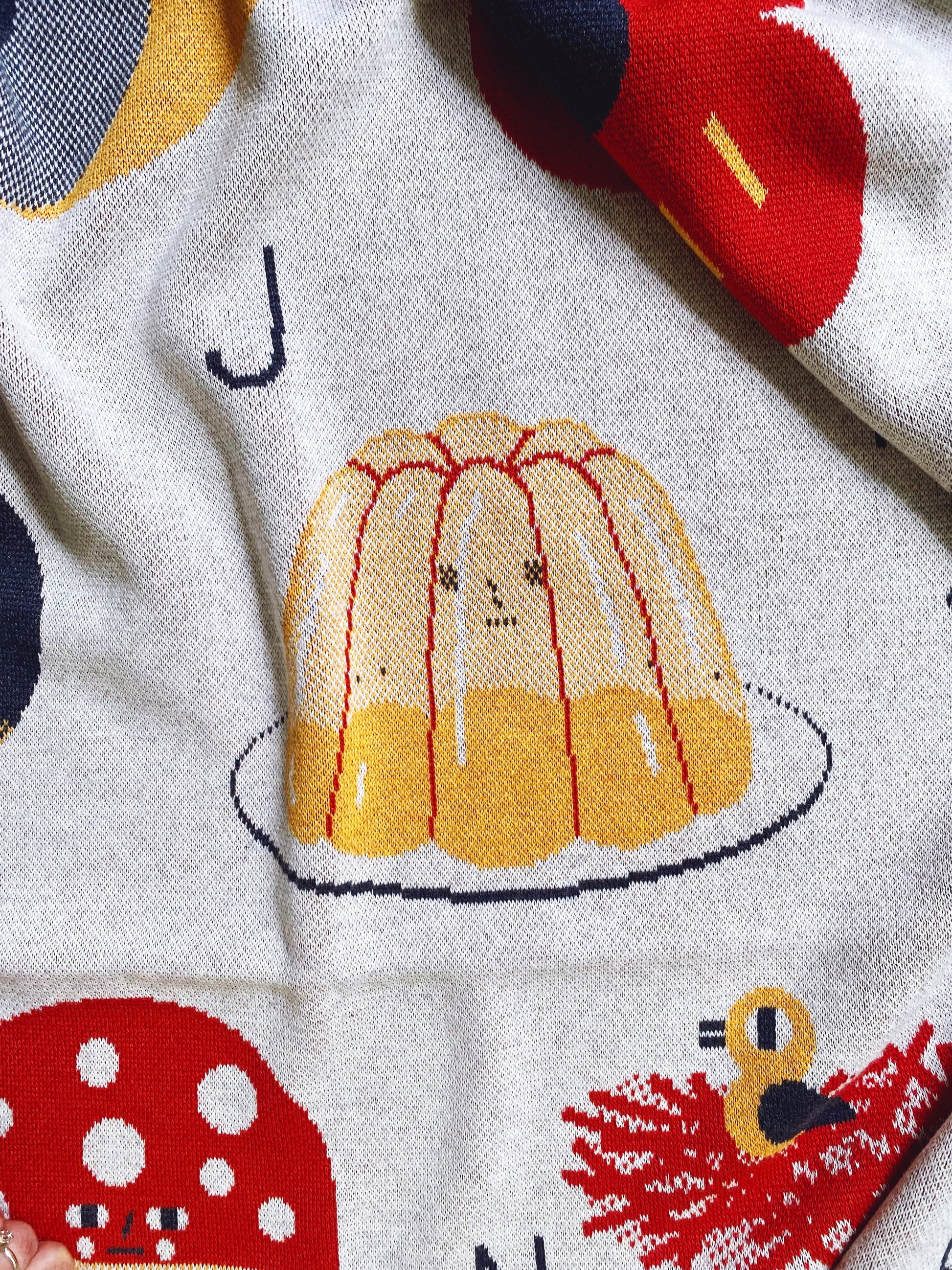 Knitted alphabet throw blanket with a cartoon J for jelly design and colorful characters.