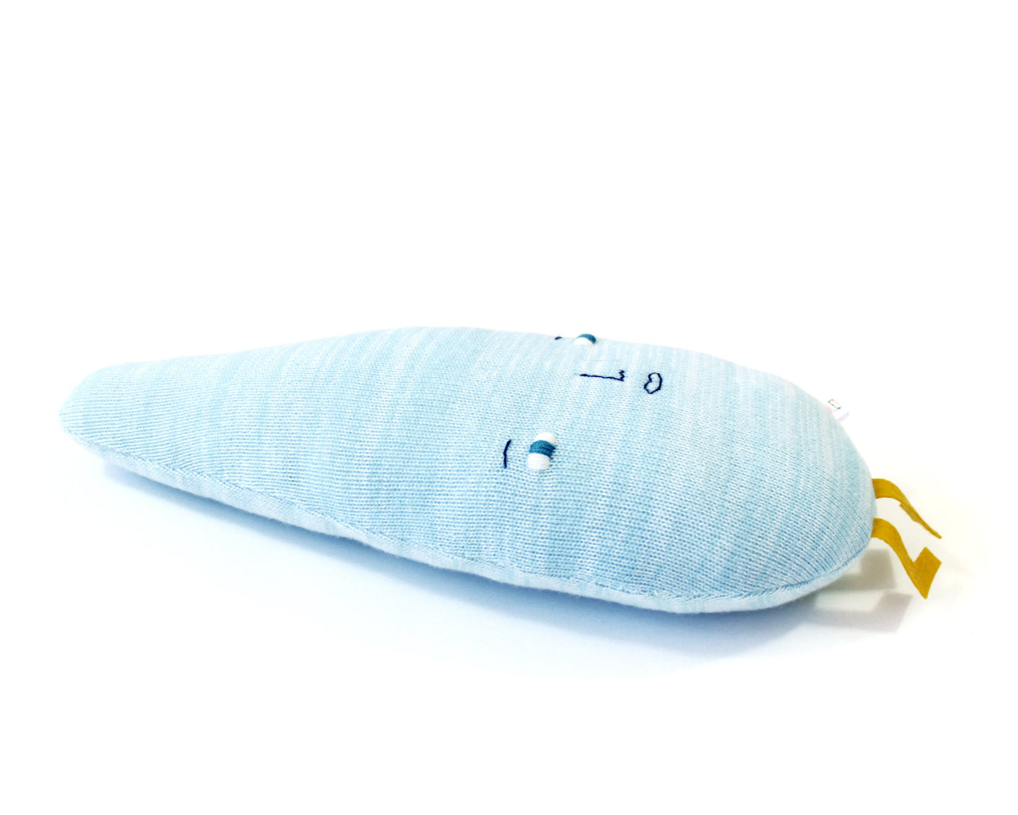 Blue knitted lambswool raindrop plush toy with a smiley face on a white background