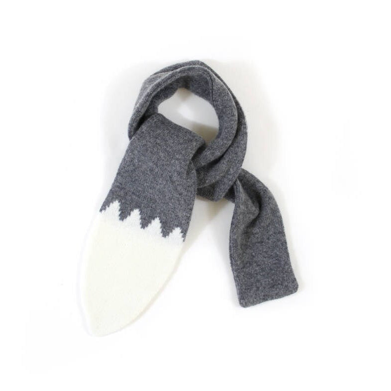 Gray knitted lambswool scarf shaped like a wolf tail on a white background