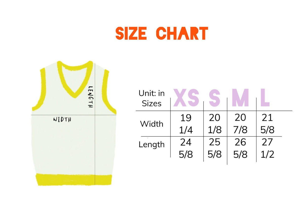Size chart for a tank top with measurements in inches.