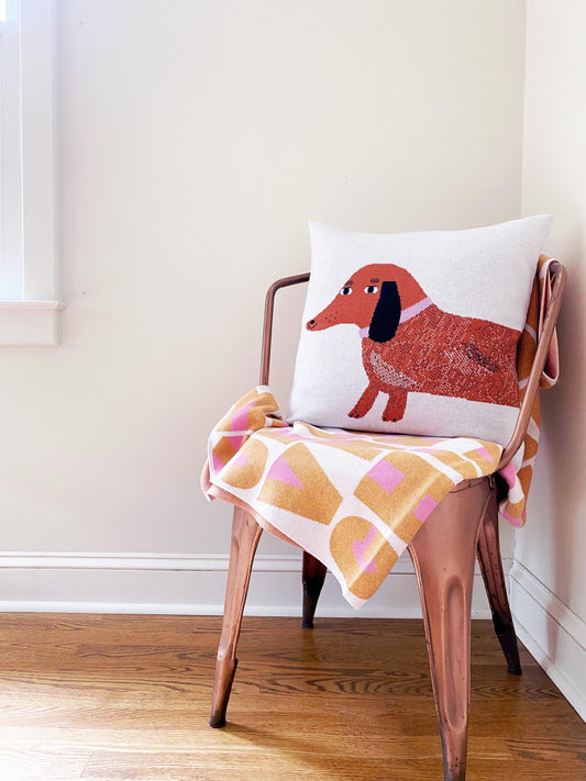 Chair with a pillow featuring a dachshund dog design and a checkered blanket on a wooden floor.