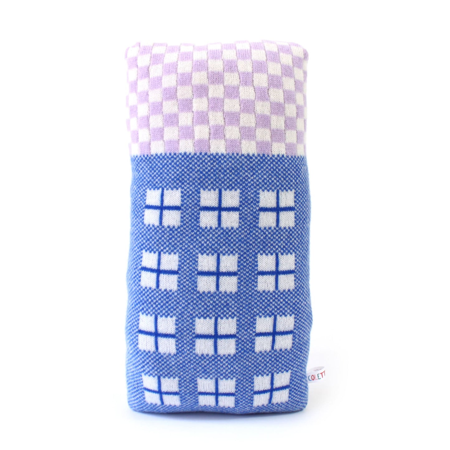Knitted lambswool house cushion with blue and white pattern on a white background