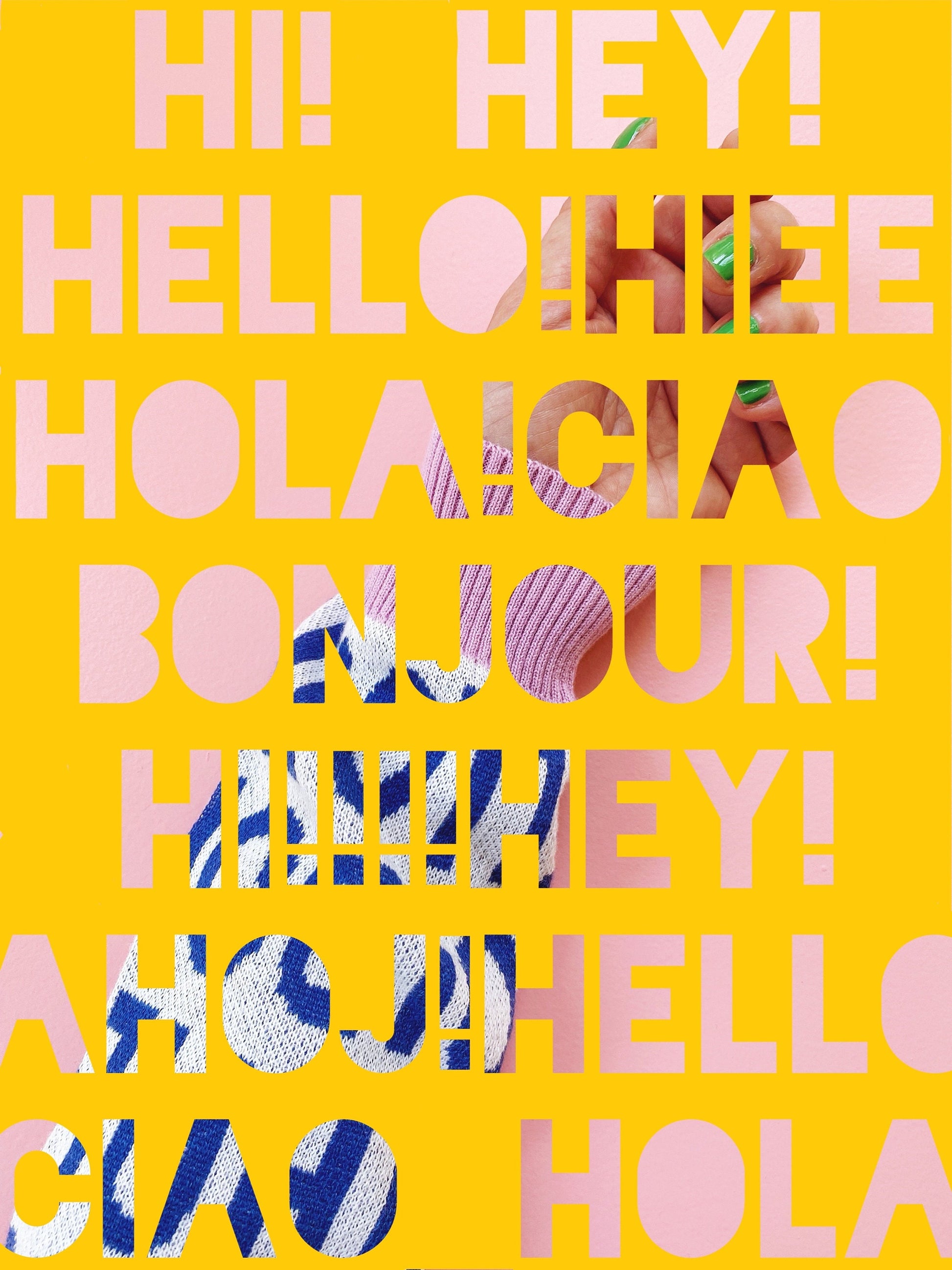 Text collage with 'HI!', 'HEY!', 'HELLO!' in various languages on a yellow background