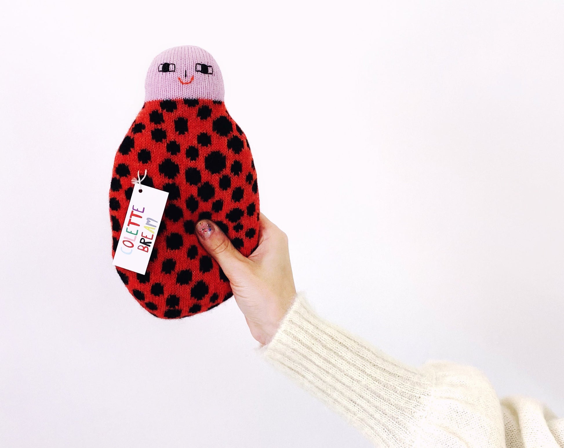Hand holding a plush ladybug toy with a white background
