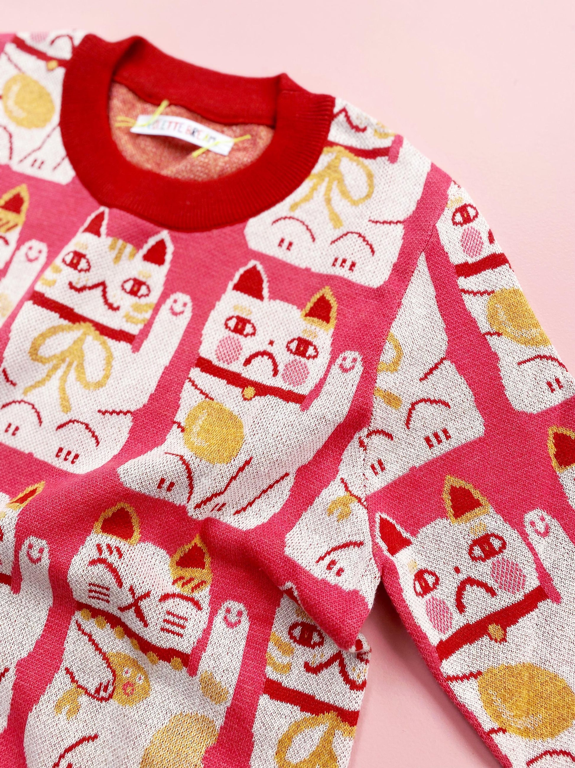 Pink sweater with maneki neko cat pattern on a pink background