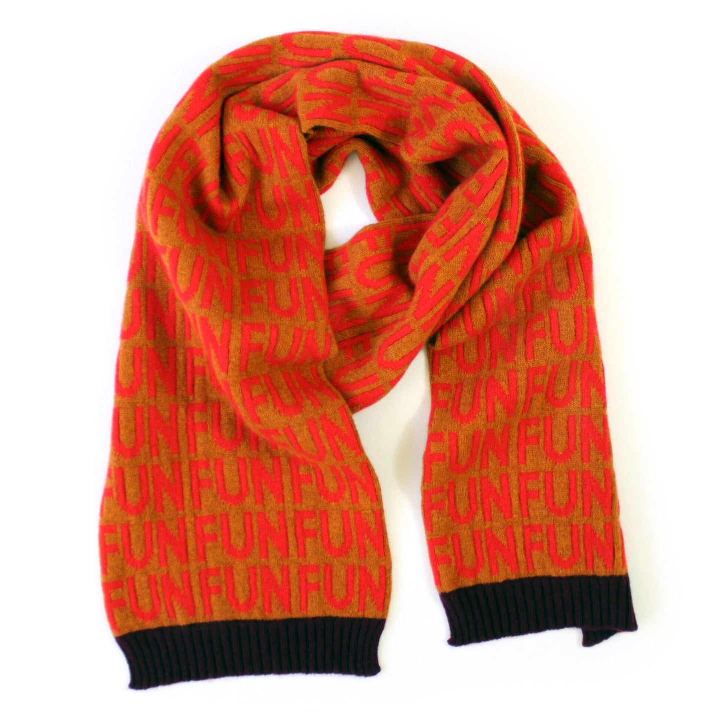 Orange knit scarf with 'FUN' pattern on a white background